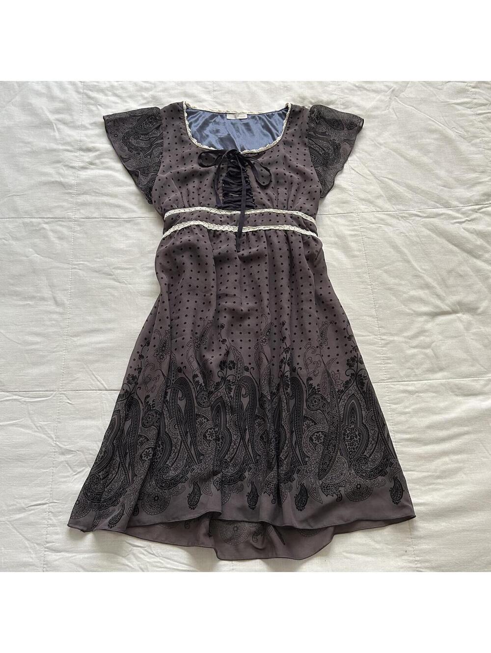 Axes Femme Taupe Paisley Dress Corset Ribbon Lace Flutter Sleeve Medium Japan